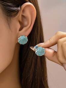 1 Pair Women's Enamel Fan-Shaped Shell Earrings, Ocean Blue Fan-Shaped Shell Earrings, Summer Beach Jewelry Gift - Multicolor - View 1