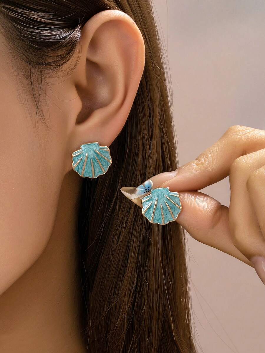 1 Pair Women's Enamel Fan-Shaped Shell Earrings, Ocean Blue Fan-Shaped Shell Earrings, Summer Beach Jewelry Gift - Multicolor - View 1