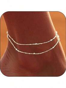Women's Gold/Silver Anklet Bracelet Set, 18K Gold Plated Cuban Link Chain, Heart Beaded Herringbone Anklet, Waterproof Multilayer Foot Chain Jewelry Gift - Multicolor - View 10