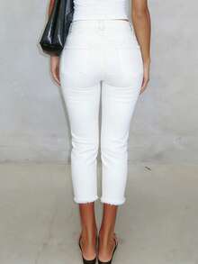 Light Wash Distressed 7/8 Length Skinny Jeans, Stretchy Pencil Pants For Casual Everyday & Commute White Summer - White - View 5