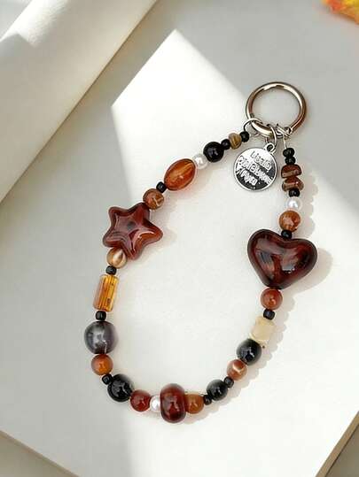 1pc Vintage Leopard Print Handmade Beaded Phone Lanyard, Textured Brown Phone Chain, Autumn And Winter "Mixed Colors" Color Series Phone Pendant, With A Universal Hanging Piece As A Gift. Note: Handmade Beaded, The Order And Beads May Vary Slightly.