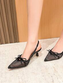 Xin Jing Shoes Women's Elegant Rhinestone Bow Mesh Sexy Fashion Net Yarn Strap Commuting Mid-Heel Shoes - Black - View 7