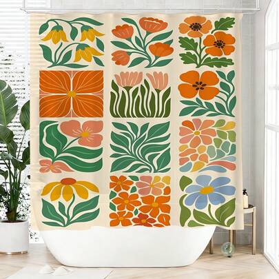 1 件波西米亚风花卉格子浴帘，涤纶材质，防水，不遮光，适合家居和浴室装饰，配有 12 个挂钩。