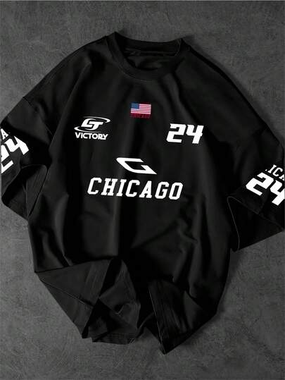 男士时尚赛车运动元素印花黑色圆领短袖T恤，夏季