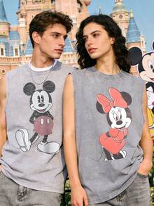 Disney Mickey & Minnie Retro Couple Set 230GSM Vintage Washed Streetwear Tank Top, Casual Couple Tank Top - Xám - Xem 1