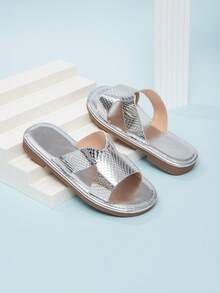 New Summer Girls Snake Skin Pattern Beach Flat Open Toe Sandals - Silver - View 3