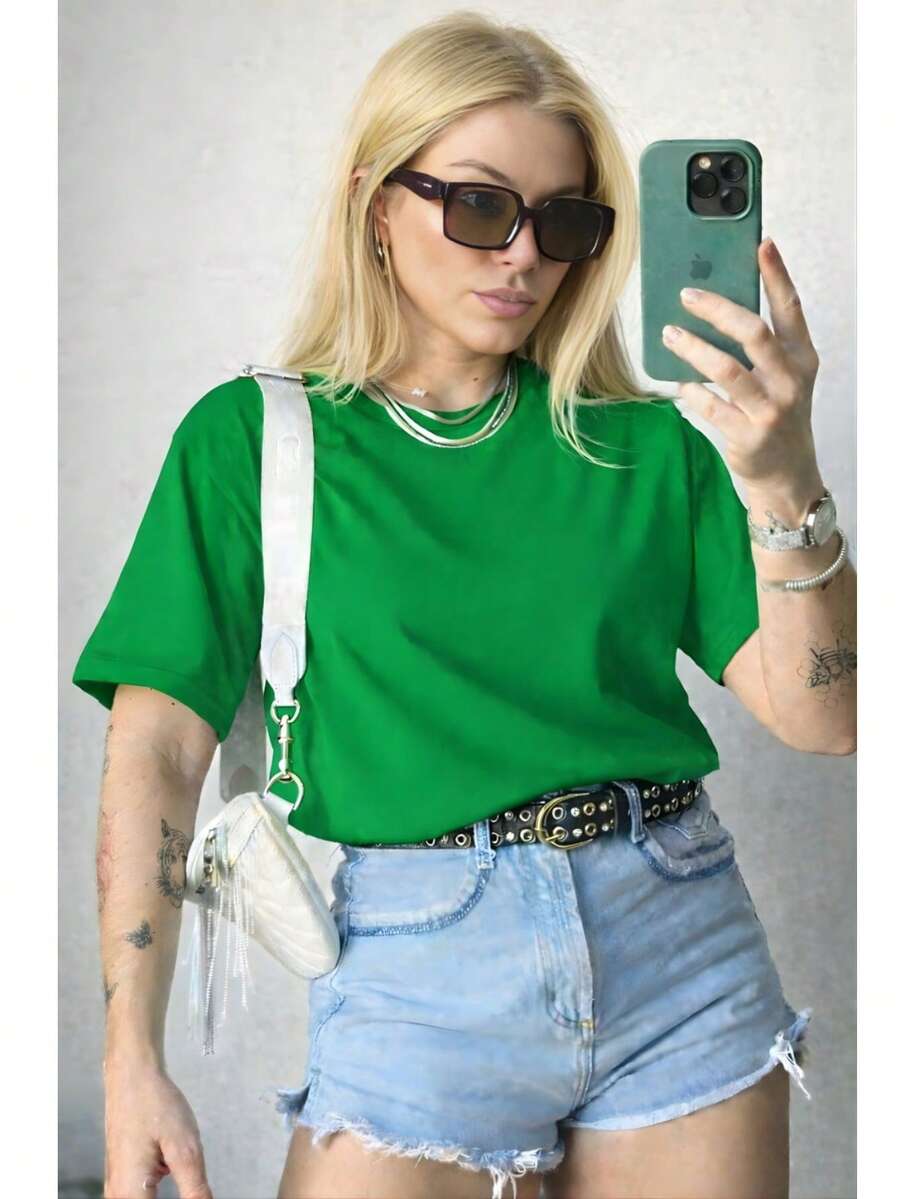 Women's T-Shirt, Short Sleeve, Premium Knit, Casual, Plain, Relaxed, 100% Cotton - Cờ Xanh - Xem 1