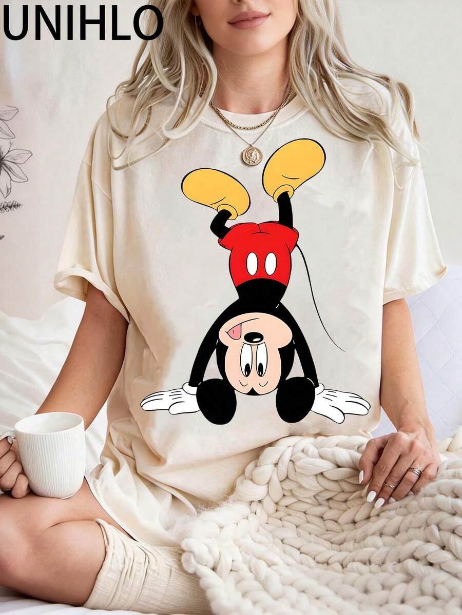 Disney UNIHLO Mickey  Print  Summer Casual Versatile Pure Cotton T-Shirt Suitable For Any Place - White - View 1