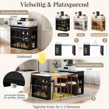 Kitchen Island On Wheels, Extendable Dining Table With Drop-Leaf Top, Bar Table With Power Strips And Hooks, Serves As A Kitchen Island, Buffet Or Bar Table For The Kitchen And Dining Room (Black) - Black + Medium Density Fiberboard + Glass - View 8