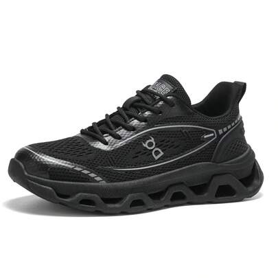 Zapatillas deportivas para hombres con letras negras y patrón geométrico, de tela de punto con cordones, suela exterior ligera y elástica, cómoda, adecuada para vacaciones, exteriores, todas las estaciones, tenis, correr
