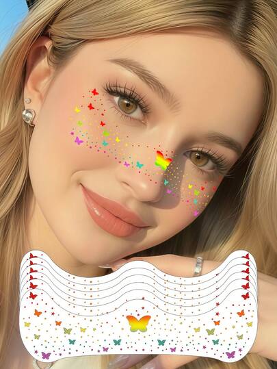 6张彩虹闪光雀斑骄傲彩虹雀斑面部纹身防水蝴蝶闪光雀斑化妆贴片，适合女性面部锐舞配饰旅行舞蹈音乐节派对夏季复活节