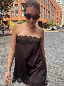 Women Off Shoulder Lace Satin Tube Tops For Summer - Tan - View 3