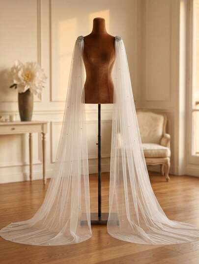 1pc Sheer Mesh Shawl With Pearl & Rhinestone Decor, Bridal Wedding Party Long Draped Shoulder Cape With Brooch