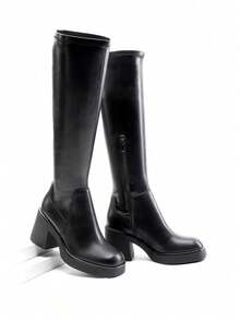 Women's Elastic Knee-High Boots Square Toe Side Zipper Platform Chunky Heel  Comfort Classic Party Solid Color Boots - Black - View 6