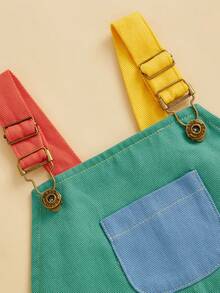Kids Girls Boys Overall Shorts, Cute Contrast Color Summer Jumpsuit With Pockets For Casual Daily - 芥末黃 - 查看 3