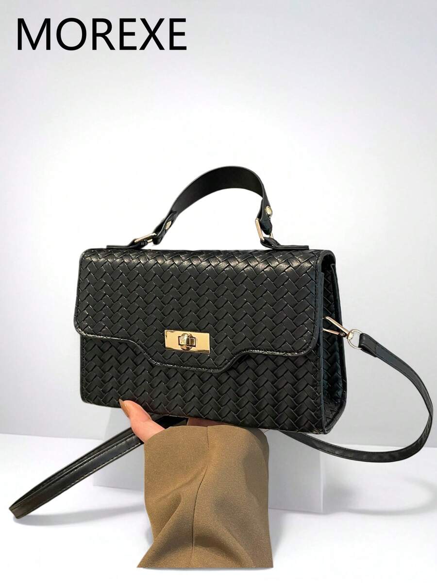 极简风格女士手提包，时尚编织压纹翻盖小方包，单肩斜挎两用包 - 黑色 - 查看 1