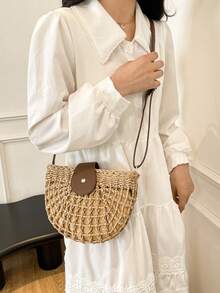 时尚半圆形镂空单肩包，个性化斜挎包，春季新款通勤包，礼品，女士沙滩包 - 彩色 - 查看 7