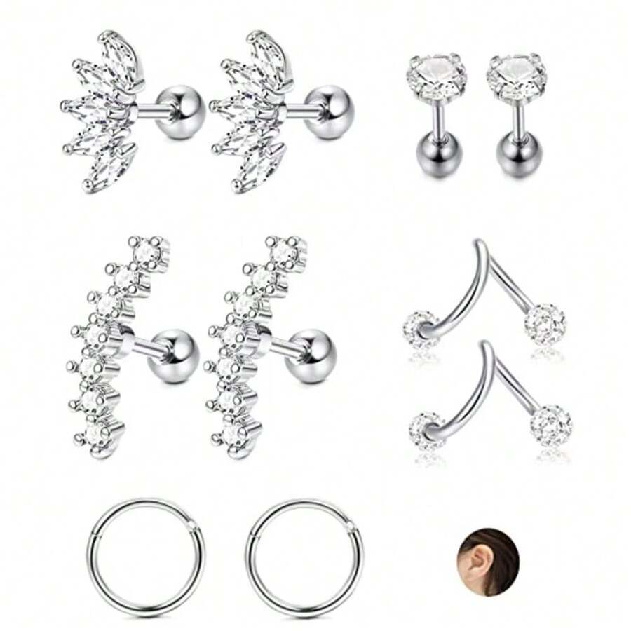 10pcs Stainless Steel 16G Ear Cuff Earrings, Unisex Spiral Small Hoop Earrings With CZ, Ear Cartilage Piercing Jewelry - Silver model - View 1