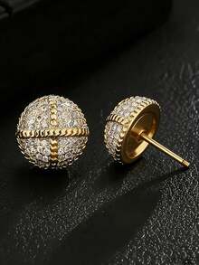 一对嘻哈风圆形立方氧化锆耳钉，镀金男女情侣耳环，时尚音乐节派对饰品，节日/生日礼物（送给爱人） - Earrings - 查看 3