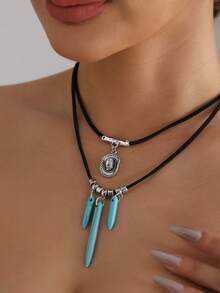 Women's Fashion Western Cowgirl Style Turquoise Cone Necklace, Retro - Turquoise - View 4
