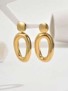 1 Pair Minimalist Elegant Oval Design Earrings, Smooth Lines Natural Golden Tone Shiny And Luxurious, Enhancing Overall Fashionable And Graceful Look - Earring - View 4