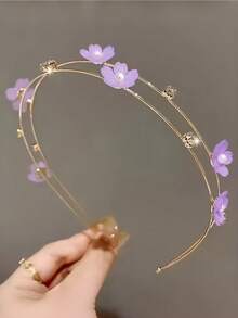 1pc Girl's Rhinestone & Pearl Flower Metal Double-Layer Thin Headband, Elegant Versatile Fashion Hair Accessory - Multicolor - View 6