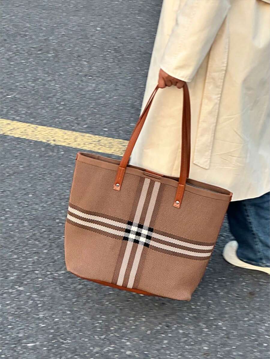 2026 New Large Capacity Tote Bag, Casual Versatile Shoulder Bag, Woven Striped Shopping Bag, Women Commuter Handbag - Brown - View 1