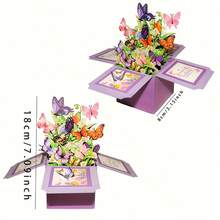 1pc Purple Butterfly 3D Pop-Up Flower Box, Warm Birthday Composite Butterfly Flower Box With Envelope Birthday Card, Friend Birthday Party Gift - Multicolor - View 2