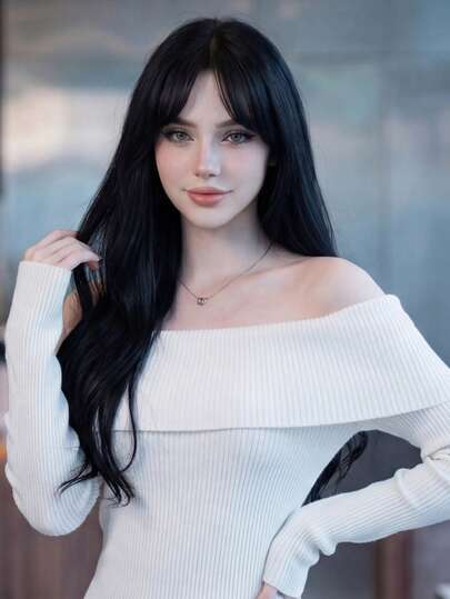 28 Inch Long Black Wavy Wig For Women - Curtain Bangs, Heat-Resistant Synthetic, Adjustable Fit