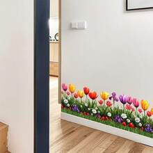 Colorful Tulips & Floral Border Wall Sticker, Spring Flower Baseboard Decal, Removable Self-Adhesive Decor For Living Room, Bedroom, Room - Tulips - View 5