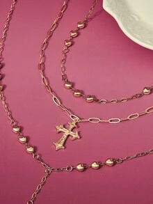 1 Pc Golden Color Heart Chain Cross Necklace Y Chain Pendant Necklaces Layering Necklaces Set Cross Jewelry - Vàng - Xem 3