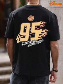 Disney Men's Casual T-Shirt, Lightning McQueen 95 Flame Print, Vintage Racing Design, Comfortable Fit, Perfect For Car Enthusiasts & Leisure Style - màu đen - Xem 1