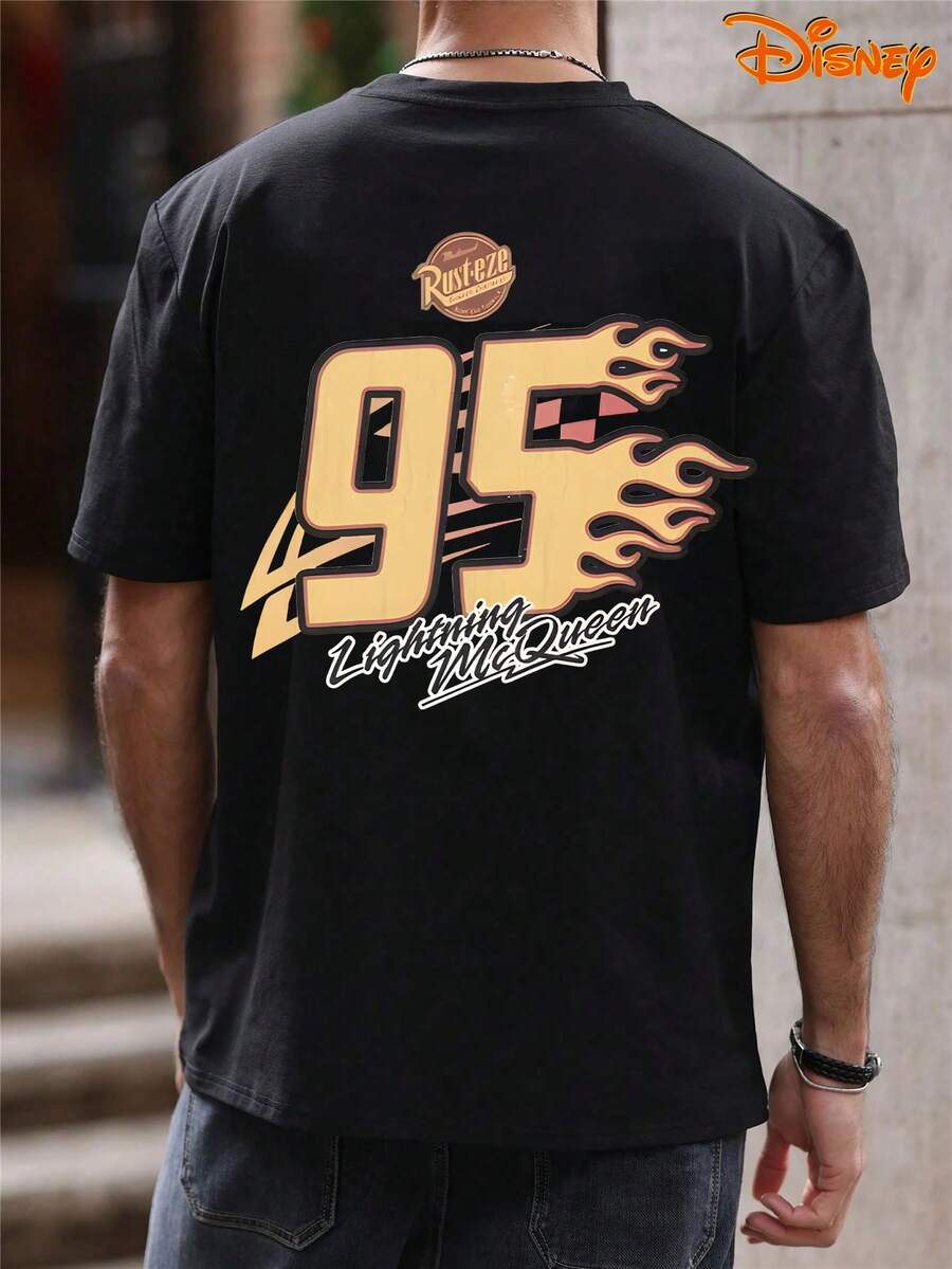 Disney Men's Casual T-Shirt, Lightning McQueen 95 Flame Print, Vintage Racing Design, Comfortable Fit, Perfect For Car Enthusiasts & Leisure Style - màu đen - Xem 1