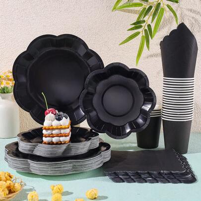 Black Octagonal Petal Disposable Tableware Set, Including 7/9 Inch Paper Plates, Paper Cups, Paper Napkins, Suitable For Birthday Party, Holiday Party, Gathering, Celebration, Wedding Tea Party, Graduation Ceremony Disposable Party Supplies