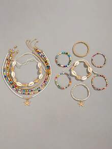 1 Set Necklace + 1 Set Bracelet, Bohemian Beach Style Glass Bead & Seashape Necklace Jewelry Set, Suitable For Summer Vacation, Jewelry Gift - Multicolor - View 4