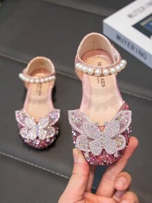 1 Pair Baby Flat Shoes, Girls Princess Shoes With Rhinestones, Spring/Autumn Toddler Shoes - Pink - View 2