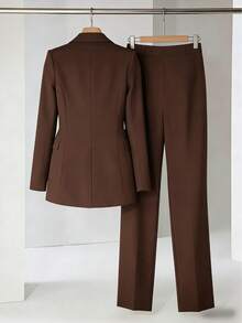 Blazer Set With Lining And Shoulder Pads, And Wide-Leg Trousers With Gold Button Detail. - 咖啡棕 - 查看 2