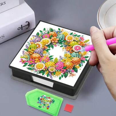 1pc DIY Diamond Art Wreath Pattern, Asymmetrical Crystal Embedded Painting On Black Faux Leather Self-Adhesive Memo Pad Box With 160 Sheets, Ideal For Home, Office And School Supplies, Craft, Cute Stationery, Holiday Gift