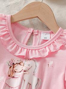 Đầm mùa hè ngọt ngào cho bé gái, cổ bèo tay phồng, in hình hoạt hình, đầm lưới thanh lịch, thời trang thường ngày, thích hợp cho tiệc tùng, mặc hàng ngày và các sự kiện khiêu vũ. - Hồng - Xem 4