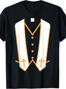 Men'S Priest Costume Halloween T-Shirt - Preacher Shirt With & Golden Cross Design, Short Sleeve Round Neck Casual Church Outfit, Christian Clergy Apparel For Themed Events & Casual Attire, Durable Comfortable Fabric With Geometric Pattern - 黑色 - 查看 1