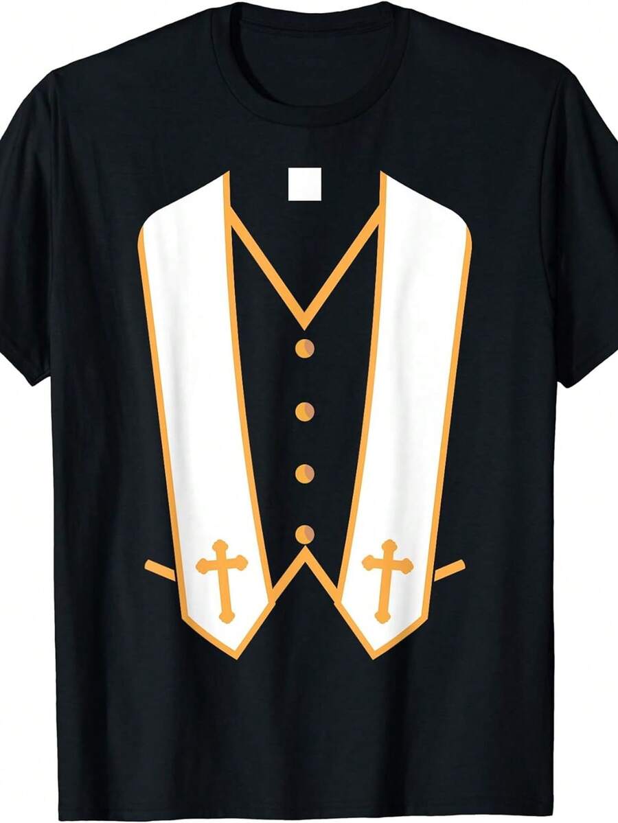 Men'S Priest Costume Halloween T-Shirt - Preacher Shirt With & Golden Cross Design, Short Sleeve Round Neck Casual Church Outfit, Christian Clergy Apparel For Themed Events & Casual Attire, Durable Comfortable Fabric With Geometric Pattern - 黑色 - 查看 1