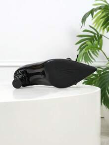 2026 New Elegant Women's Fashion Versatile High Heels, Black Patent Leather Pointed Toe Bowknot Asymmetric Heel Pumps, Sweet & Chic For Daily Commute - Black - View 7