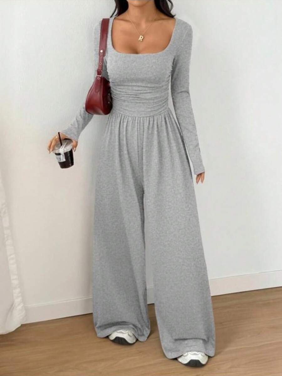 Palazzo - Enterizo Manga Larga , Escote Cuadrado, Mono, Bonito, Casual, Primavera-Verano, Super Estilo , - Gris - Ver 1