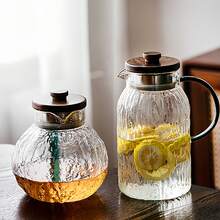 1pc Luxury Green Handle Glass Pitcher, Household Juice/Beverage/Flower Tea Pot, Large Capacity Thick Japanese Style Wooden Lid Hammered Cold Water Pitcher, No Cup Included - Clear - View 1