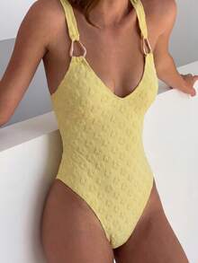 2026 New Women's Yellow Floral Jacquard V-Neck One-Piece Swimsuit With Metal Strap Decor, Beach Holiday Outfit, Suitable For Valentine's Day, Carnival Vacation Summer - Yellow - View 1