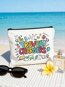 時尚女款彩色「Travel Charger」字母圖案化妝包，化妝品收納袋，數據線收納袋，大容量零錢包，春夏旅行配件，度假拉鍊收納袋。適用於度假、辦公室、購物、酒店、返校禮物、生日禮物、旅行配件、母親節禮物、婚禮配件 - 彩色 - 查看 3