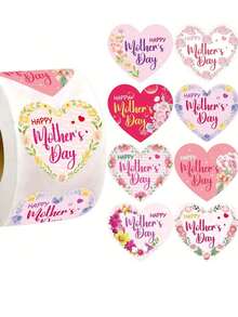 500张母亲节贴纸 | 心形和花朵图案的感谢贴纸，印有“母亲节快乐”和“母亲节”字样。采用花卉图案，非常适合作为礼物、封口贴、花束装饰、烘焙、剪贴簿和手工制作。| 纸质贴纸，一次性使用。 - 多色 - 查看 7