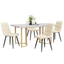 Dining Set (5 Pieces), Table And 4 Chairs, Modern Kitchen Set, 140*80cm Kitchen Table With Gold Metal Legs, White MDF Top, Beige Velvet Dining Chairs - Apricot - View 3