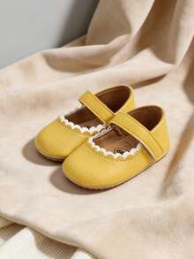 Infant Girls' Mary Jane Flat Shoes, Yellow Lace Trim Soft Sole Princess Toddler Crib Shoes, Wedding Dress Shoes - Yellow - View 9
