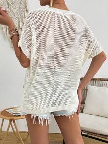 花卉镂空落肩圆领女式背心，时尚休闲优雅甜美风格轻盈夏季服装 - 奶油色 - 查看 3